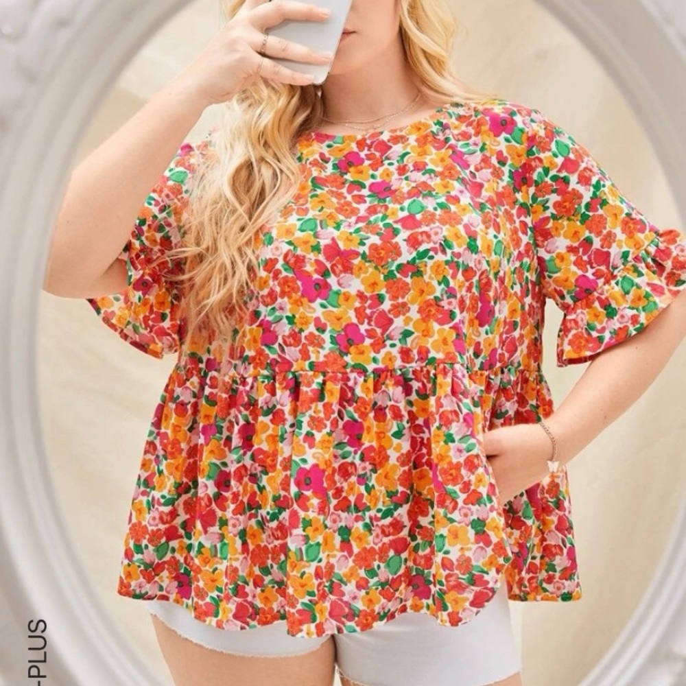 Shein floral print flounce peplum plus size blouse 2XL ruffle sleeve cute new